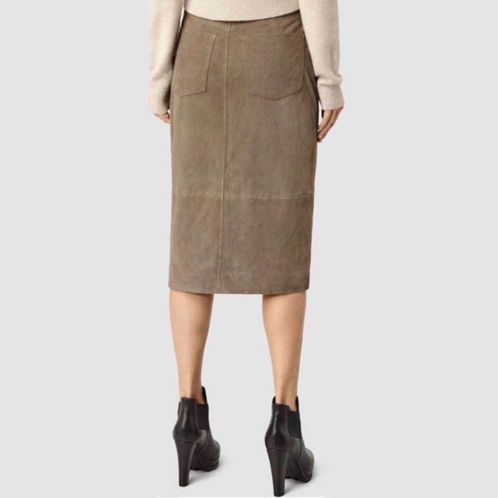 All Saints Arel brown tan suede silver front zipper zip up pockets midi skirt - Picture 2 of 16